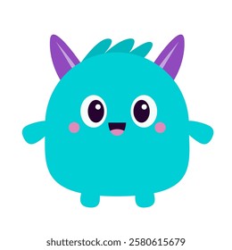 Blue monster icon. Happy Halloween. Cartoon kawaii funny character. Colorful silhouette monsters. Cute face with horns, eyes, hands. Childish collection. Flat design. White background. Vector