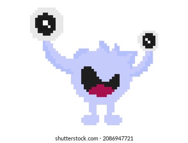 blue monster illustration with pixel theme with cheerful face