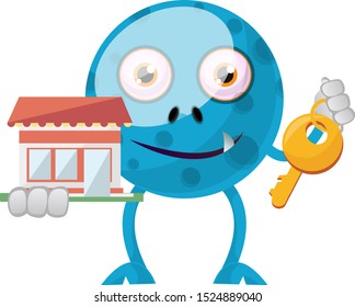 Blue monster with key, illustration, vector on white background.