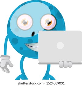 Blaues Monster mit Laptop, Illustration, Vektorgrafik auf weißem Hintergrund.