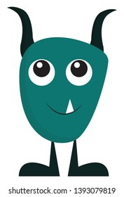 A blue monster with long and sharp horns with a single sharp teeth vector color drawing or illustration