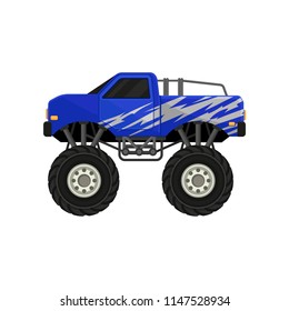 Blue monster pickup truck. Car with large tires, black tinted windows and silver wrap decal. Flat vector icon