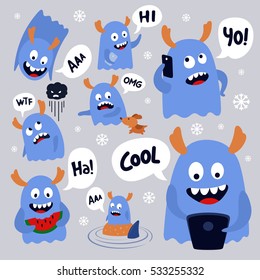 Blue Monster Set. Sticker Design Template. Vector Art Illustration.