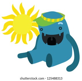 Blue Monster Sitting in the Sun with a Cap on His Head