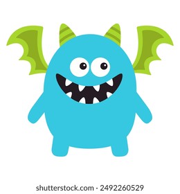 Blue monster standing. Happy Halloween. Cute monsters silhouette icon. Eyes, fangs, green wings. Cartoon kawaii funny baby character. Childish style. Flat design. Isolated. White background. Vector