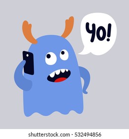 Blue Monster talking on smartphone. Sticker design template. Vector art illustration.