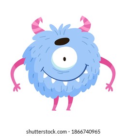 Blue Monster with Teeth and Horns Standing and Smiling Vector Illustration