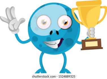 Blue monster with trophy, illustration, vector on white background.