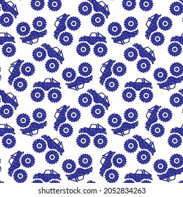 Blue monster trucks isolated on white background. Cute monochrome car seamless pattern. Vector simple flat graphic illustration. Texture.