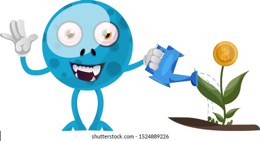 Blue monster watering plants, illustration, vector on white background.