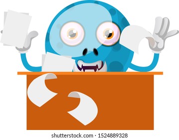 Blue monster working, illustration, vector on white background.