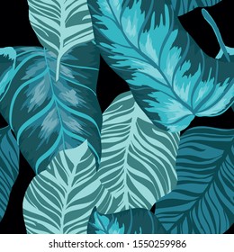 Blue Monstera Leaf Vector Seamless Pattern. Cornflower Vintage Palm Pattern Island Design. Icy Foliage Fashion Print. Cornflower Palm Tree Texture