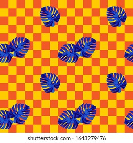 Blue monstera leaves on an orange cell. Seamless vector pattern.