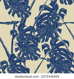 Blue monstera leaves seamless pattern on beige background. Tropical pattern, botanical leaf backdrop. Trendy design for fabric, textile print, wrapping paper. 