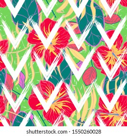 Blue Monstera Tree Vector Seamless Pattern. Crimson Trendy Hibiscus Flower Backdrop California Design. Beige Tree Fashion Illustration. Crimson Jungle Tree Wallpaper