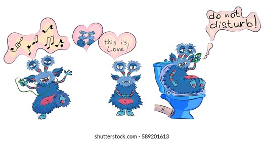 blue monsters collection of characters in different situations