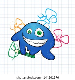 blue monsters draws on the notebook sheet