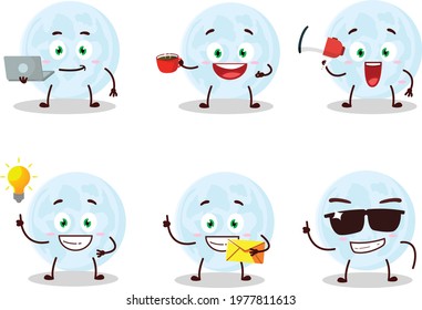Blue moon cartoon character with various types of business emoticons