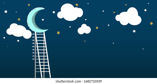 Blue moon with clouds and stars.Simple flat vector illustration with growth meter ladder. Wallpaper for kids room. 