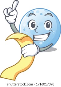 blue moon mascot character design with a menu on his hand