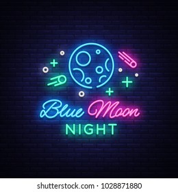 Blue Moon Night Club Logo in Neon Style. Neon Sign, Light Banner, Night Bright Night Club Advertising. Disco. Design template for invitation party. Vector illustration