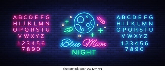 Blue Moon Night Club Logo in Neon Style. Neon Sign, Light Banner, Night Bright Night Club Advertising. Disco. Design template for invitation party. Vector illustration. Editing text neon sign