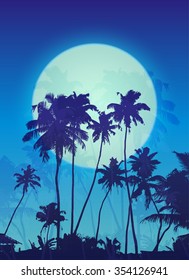 Blue moon with palm silhouettes vector poster background