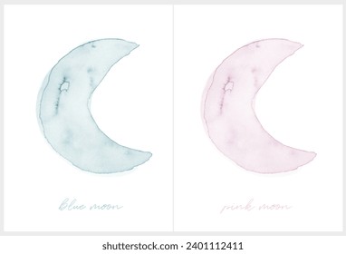 Blue Moon and Pink Moon. Set of 2 Simple Vector Illustrations with Watercolor Painting of Crescent Moon on a White Background, ideal for Wall Art, Poster, Card. Kids Room Decoration. RGB Colors.