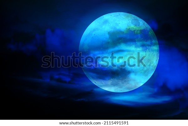 Blue\
Moon, real full blue moon in black sky with\
cloud.