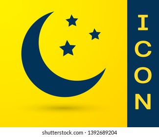 Blue Moon and stars icon isolated on yellow background. Vector Illustration