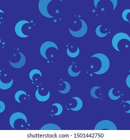 Blue Moon and stars icon isolated seamless pattern on blue background.  Vector Illustration