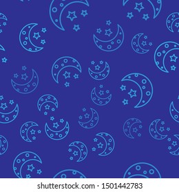 Blue Moon and stars icon isolated seamless pattern on blue background.  Vector Illustration