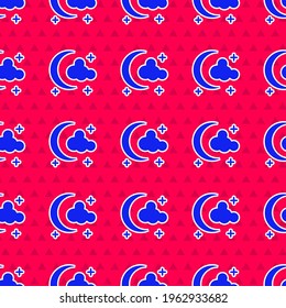 Blue Moon and stars icon isolated seamless pattern on red background.  Vector