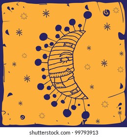 Blue Moon with stars on orange background