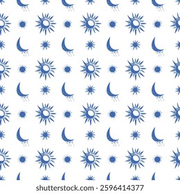 Blue moon and sun seamless pattern, hand drawn sun, moon, crescent pattern