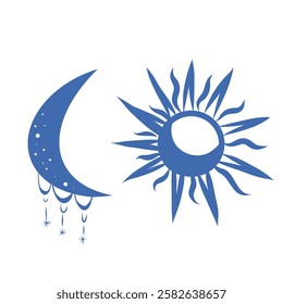 Blue moon and sun vector illustration, magic sun and moon, crescent, celestial body