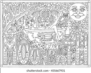 Blue Moonbath Hand Drawn Black and White Adult Coloring Book Vector Illustration 