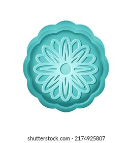 Blue Mooncake With Floral Pattern For Mid Autumn Festival Decoration. Traditional Eastern Round Moon Cake Dessert As A Gift. Chinese Pastry For Holiday Isolated On White Backdrop. Vector Illustration