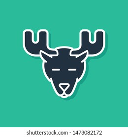 Blue Moose head with horns icon isolated on green background.  Vector Illustration