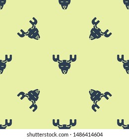 Blue Moose head with horns icon isolated seamless pattern on yellow background.  Vector Illustration