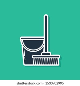 Blue Mop and bucket icon isolated on green background. Cleaning service concept.  Vector Illustration