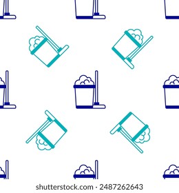 Icono de fregona y cubo azul aislado patrón sin fisuras sobre fondo blanco. Concepto de servicio de limpieza  Vector