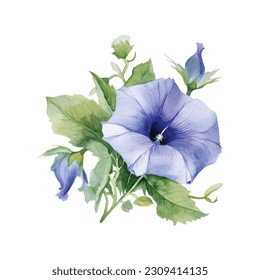 Blue Morning Glory Aquarell. Aquarell Blue Morning Glory Blume Clip Art. Blumenstrauß. Blumenarrangements für blaue Hochzeiten. Hochzeitsdekor, Einladungen, Karten