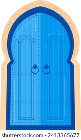 Blue Moroccan door with traditional designs and arch. Detailing of typical Moroccan architecture vector illustration.