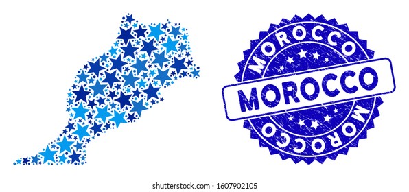 Blue Morocco map mosaic of stars, and grunge rounded stamp. Abstract territorial scheme in blue color tones. Vector Morocco map is created of blue stars. Designed for political and patriotic projects.