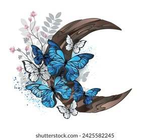 Blue morpho butterflies with detailed wings sit on wooden crescent decorated with wild plants on white background. Blue butterflies morpho.
