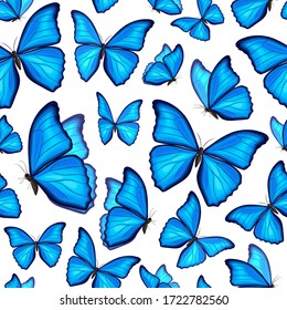 Blue morpho butterflies fly. Seamless pattern. Summer background. Texture for fabric, wrapping, wallpaper. Decorative print.