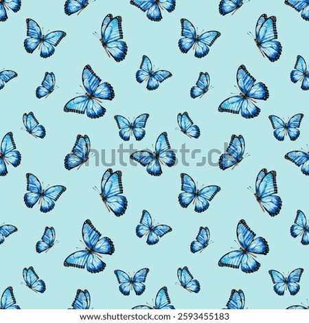Blue morpho butterflies fly. Seamless pattern. Summer watercolor background. Texture for fabric, wrapping, wallpaper. Decorative print.