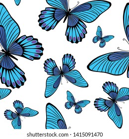 Blue Morpho Butterflies Seamless Pattern, Morphos on White Repeat Pattern Background for textile design, fabric printing, fashion, wallpaper or background 