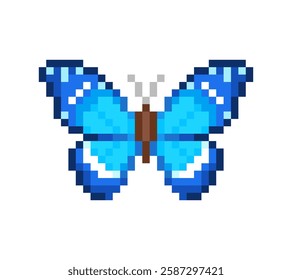 Blue Morpho Butterfly in perfect Pixel Art isolated from white background - editable pixelated vector illustration 